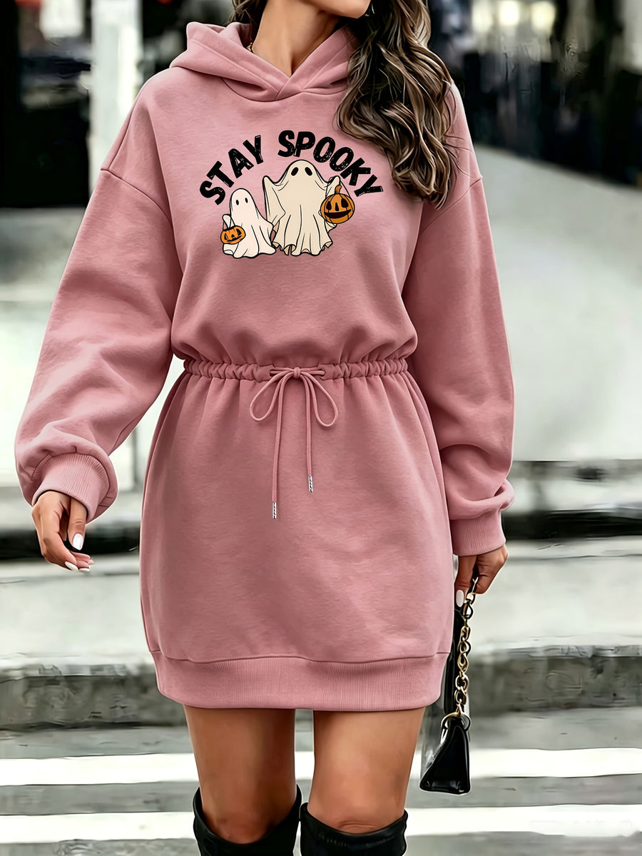 Women'S Tummy Control Drawstring Halloween Western Fashion Printed Hooded Sweatshirt - Dark Pink