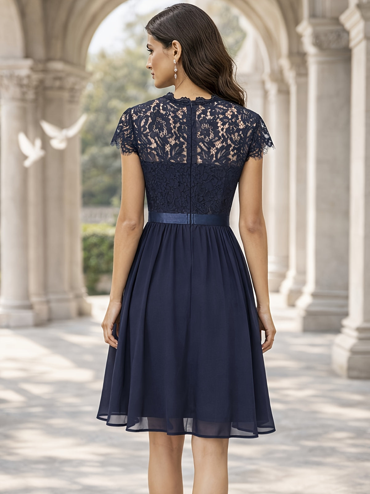 Elegant Women's Lace Patchwork Dress with Lace Stand-Up Collar, Ruffle Sleeves, and Waist-Cinching Design, Featuring a Chiffon Hem, Suitable for Commuting, Parties, Weddings, and Evening Events - Navy Color