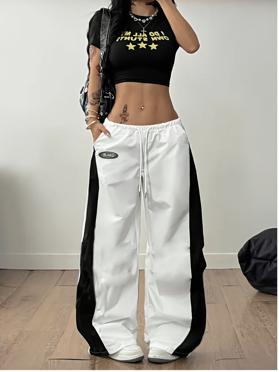 Women's Elastic Waist Wide-Leg Harem Pants - Black and White Contrast Casual Pants, Loose Fit, Machine Washable, All-Season Comfort, Durable Fabric, American Street Style Contrast Drawstring Versatile Wide-Leg Trousers - White