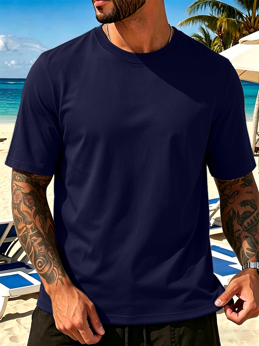 Men's New Pure Cotton Short Sleeve Round Neck T-Shirt, Comfortable, Soft, and Breathable, Perfect for Vacation, Leisure, and Daily Wear, a Summer Essential - Navy Color