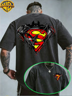 Warner Bros. Exclusive License, Hip-Hop Street DC Superman Batman Logo Print Design Men'S Summer Loose Round Neck Commuter Short Sleeve T-Shirt, Multi-Style, Loose Fit, Suitable for Summer Wear, Suitable for Outdoor Activities, Fitness, Parties - Black