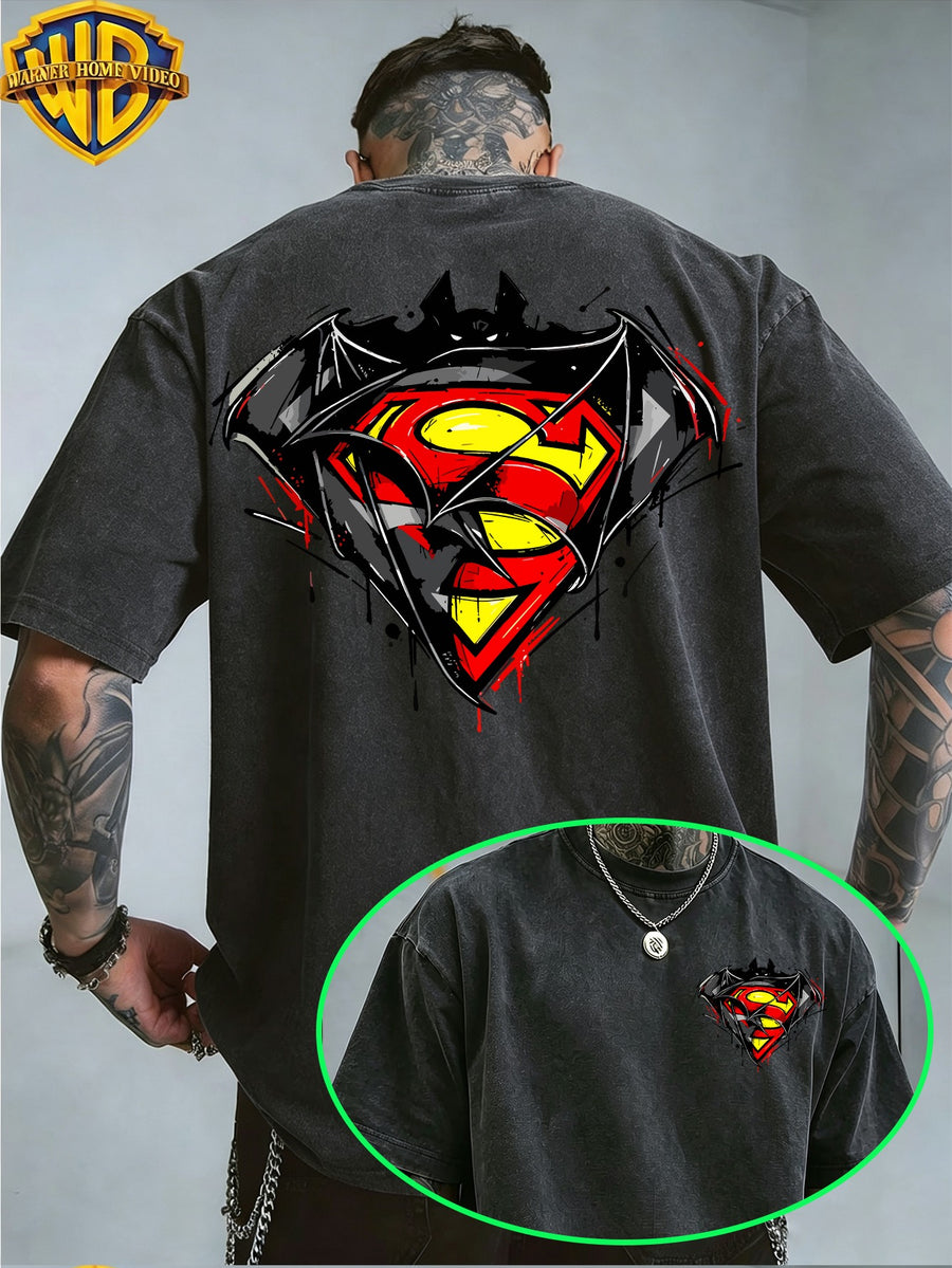 Warner Bros. Exclusive License, Hip-Hop Street DC Superman Batman Logo Print Design Men'S Summer Loose Round Neck Commuter Short Sleeve T-Shirt, Multi-Style, Loose Fit, Suitable for Summer Wear, Suitable for Outdoor Activities, Fitness, Parties - Black