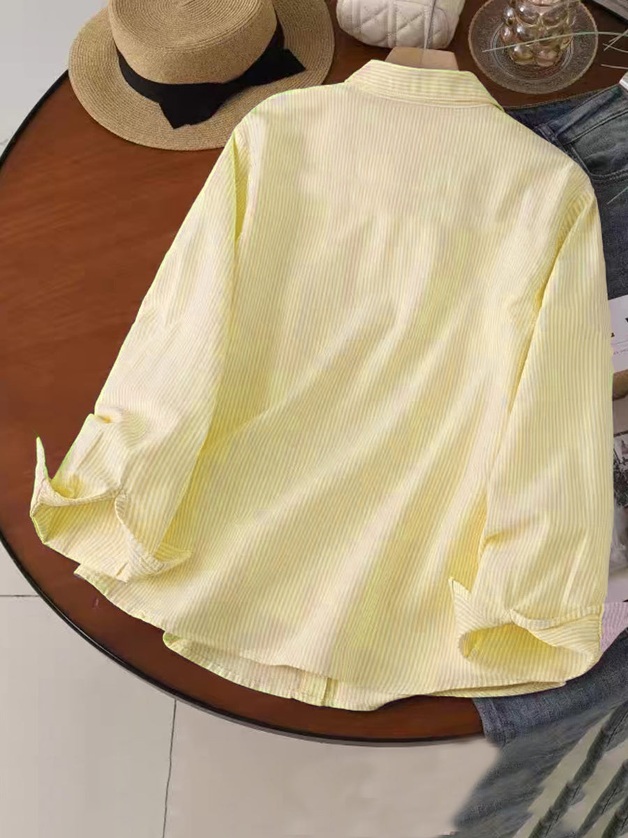 Versatile Basic Spring/Autumn Lightweight Niche Embroidered Patch Print Long Sleeve Thin Striped Loose Fit Multi-Color Casual Shirt - Yellow