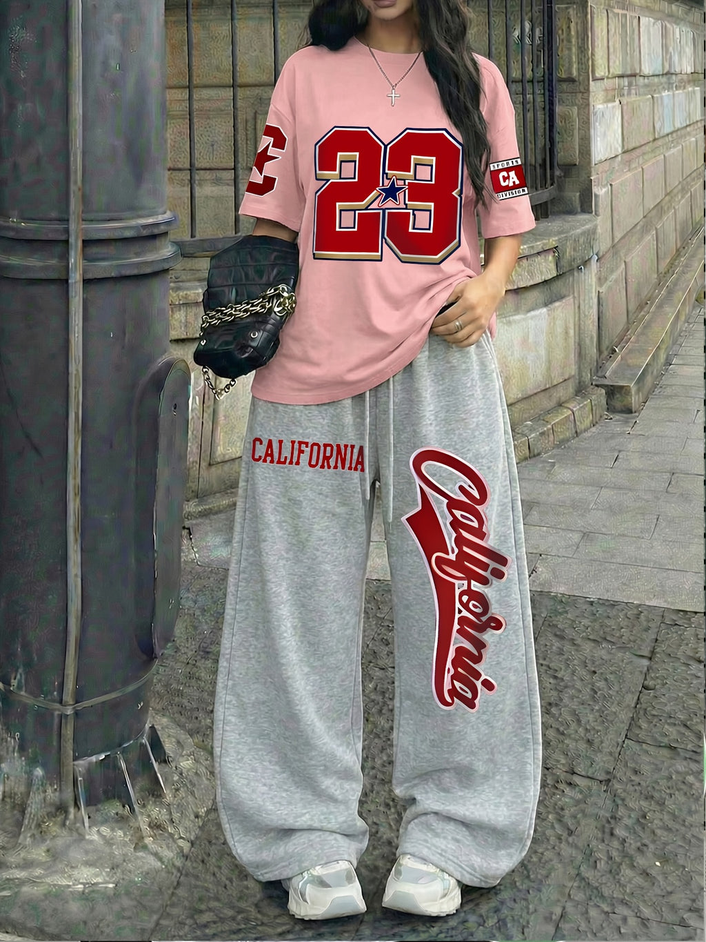 Casual Streetwear 58.42 cmCalifornia" Print Crew Neck Short Sleeve Top and Loose Drawstring Long Pants 2pcs Set, Women's Jersey Sporty Style Outfit, Suitable for Summer Street Style Hot - Pink+Grey