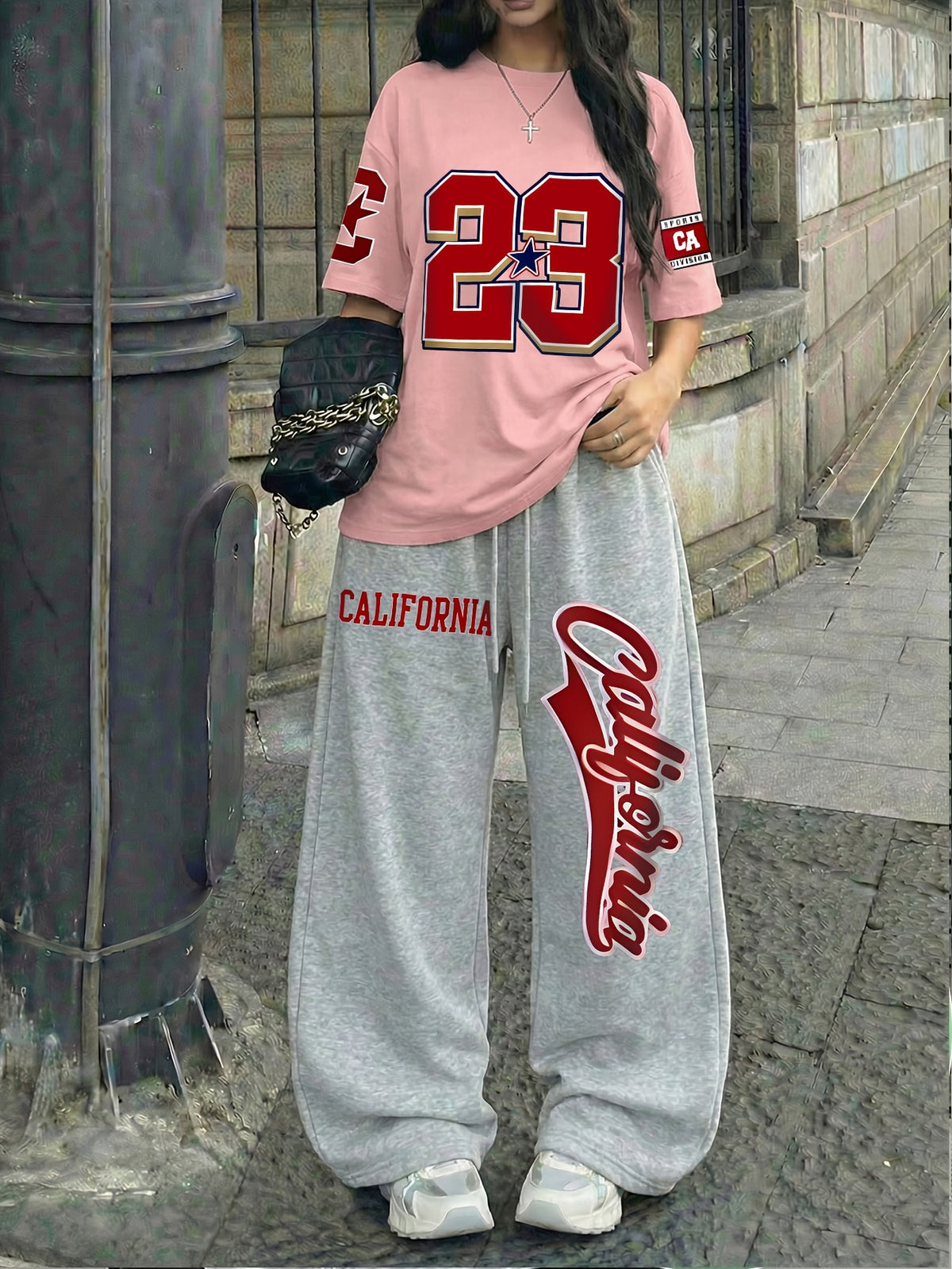 Casual Streetwear 58.42 cmCalifornia" Print Crew Neck Short Sleeve Top and Loose Drawstring Long Pants 2pcs Set, Women's Jersey Sporty Style Outfit, Suitable for Summer Street Style Hot - Pink+Grey