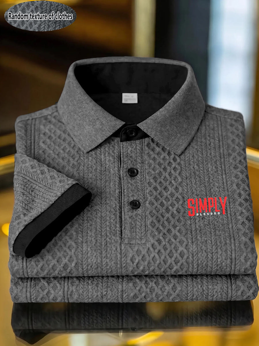 Middle-Aged Men'S Standard Polo Collar Short Sleeve Shirt, SIM Pattern Black Button-Front, Random Diamond Weave Jacquard, Outdoor Casual Soft Stretch Short Sleeve - Dark Gray