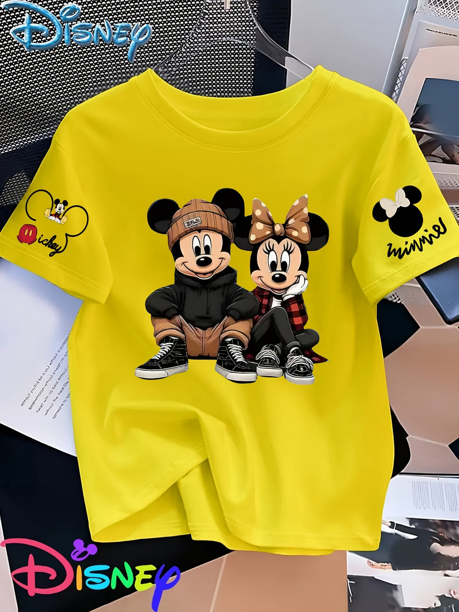 Mickey And Minnie Are Sitting Side by Side, with Mickey Hugging His Knees And Minnie Resting Her Chin on One Hand, Showcasing a Trendy Street Style Printed Short-Sleeve Women'S T-Shirt - Bright Yellow