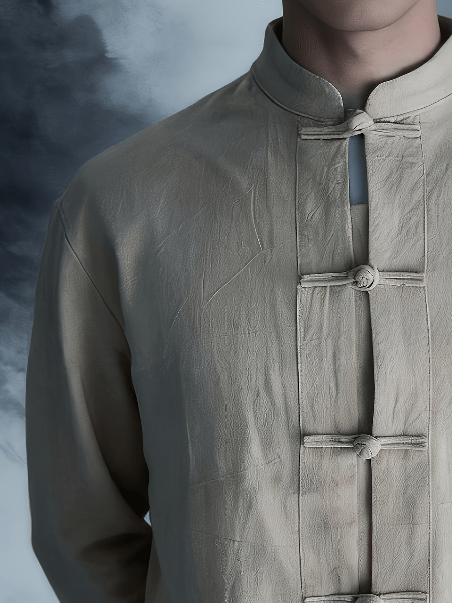 New Chinese Style Men'S Long Sleeve Shirt - And Linen Ethnic Characteristic Practice Clothes - Zen Retro Tang Style Thin Jacket (Solely Includes One Jacket) - Hemp True Color