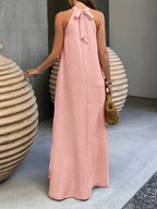 Ancient City Bohemian Style Dress, Vacation Style, Ribbed Neckline, Suitable for Spring Summer, Beach Dress, Women'S Long Summer Dress Clothing - Pink