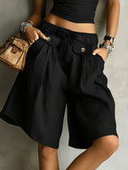 Women'S Casual Solid Color Straight Shorts, Retro Cargo Style Wide-Leg Bermuda Shorts, High-Waist Drawstring Pocket Design Loose Casual Trousers - Black