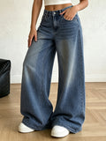 Women's Loose-Fit Wide-Leg Jeans, Vintage Ombre Washed Denim, Oversized Street-Style Jeans with Subtle Ripped Details - Medium Blue
