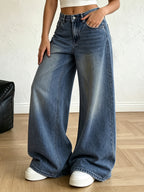 Women's Loose-Fit Wide-Leg Jeans, Vintage Ombre Washed Denim, Oversized Street-Style Jeans with Subtle Ripped Details - Medium Blue