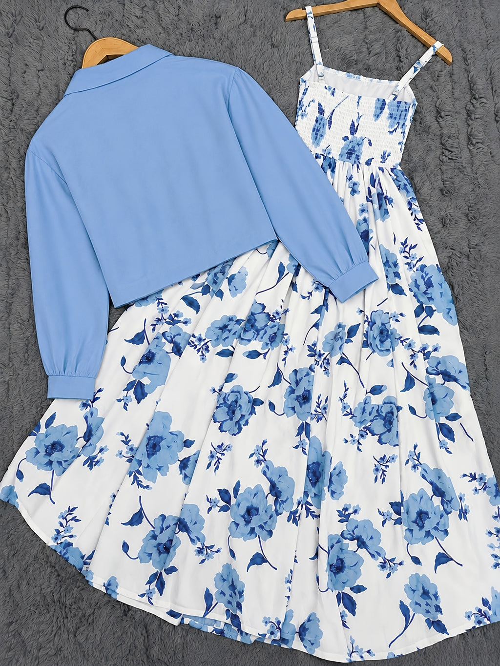 Women's 2pcs Floral Print Dress Set: Light Blue Short Lapel Button-Front Jacket + White and Blue Printed Wrap-Front Bust-Defining Spaghetti Strap Maxi Dress - Sky Blue
