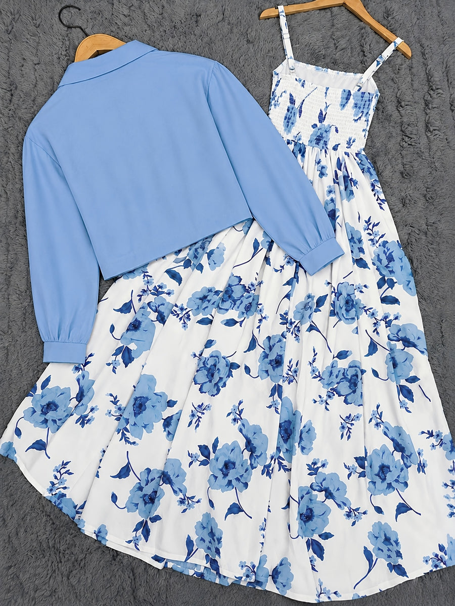 Women's 2pcs Floral Print Dress Set: Light Blue Short Lapel Button-Front Jacket + White and Blue Printed Wrap-Front Bust-Defining Spaghetti Strap Maxi Dress - Sky Blue