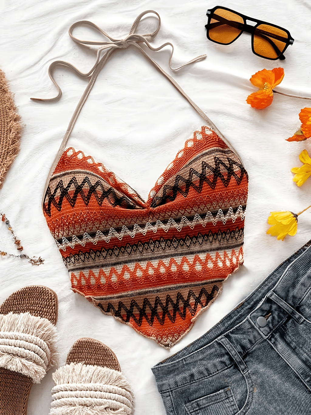 Bohemian Geometric Print Halter Neck Crop Top, Women's Triangle Hem Cami, Vintage Ethnic Sleeveless Tank Top, Summer Beach Casual Y2K Top - Multicolor