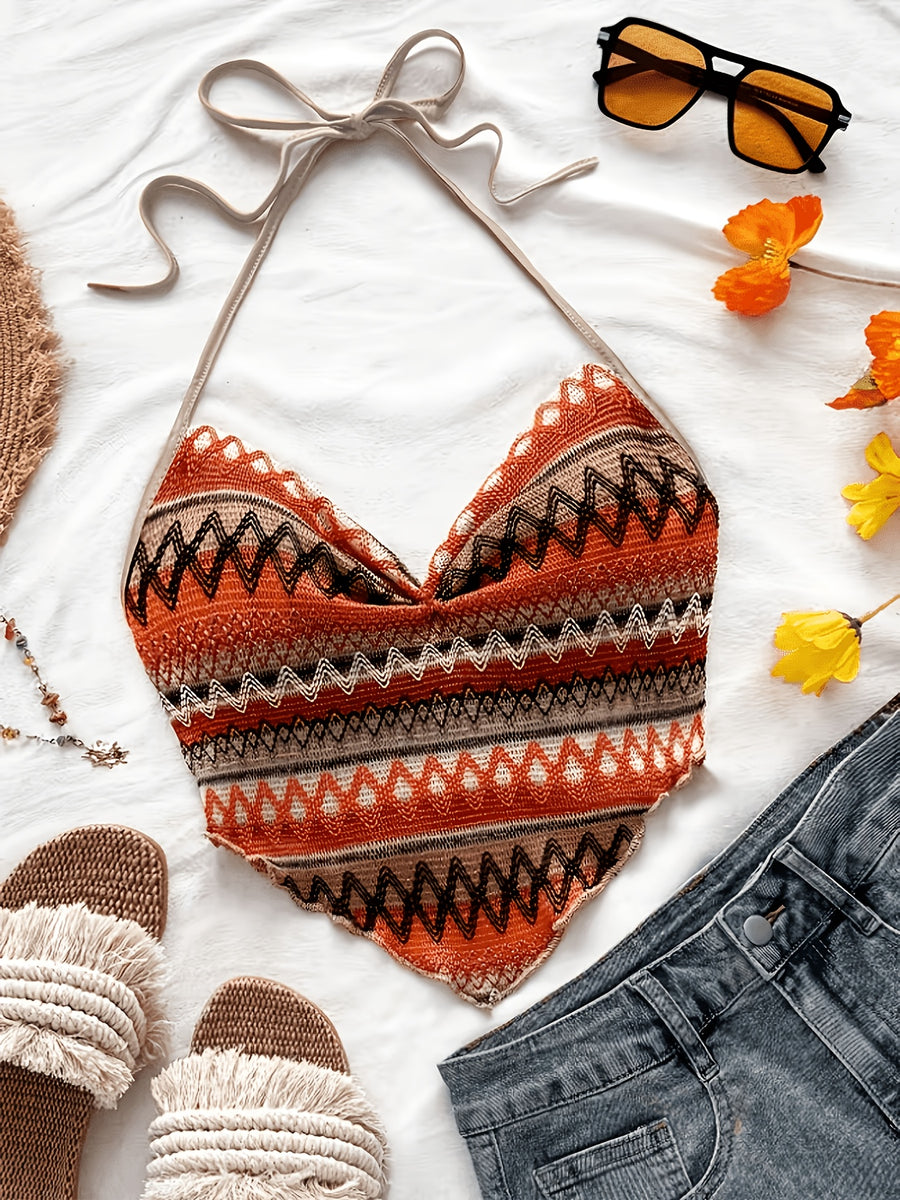Bohemian Geometric Print Halter Neck Crop Top, Women's Triangle Hem Cami, Vintage Ethnic Sleeveless Tank Top, Summer Beach Casual Y2K Top - Multicolor