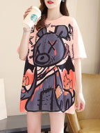 New Summer Collection of Plus-Size Loose-Fitting Stylish Cartoon Print Women'S Mid-Length Short-Sleeve T-Shirts - K54-F
