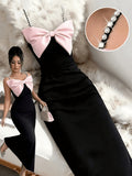 Elegant Romantic Women'S Bridesmaid Dress with Exaggerated Bow, Pearl Thin Straps, Cinched Waist, Straight Silhouette, Suitable for Dates, Gatherings, Parties, Birthdays, And Various Occasions - Black