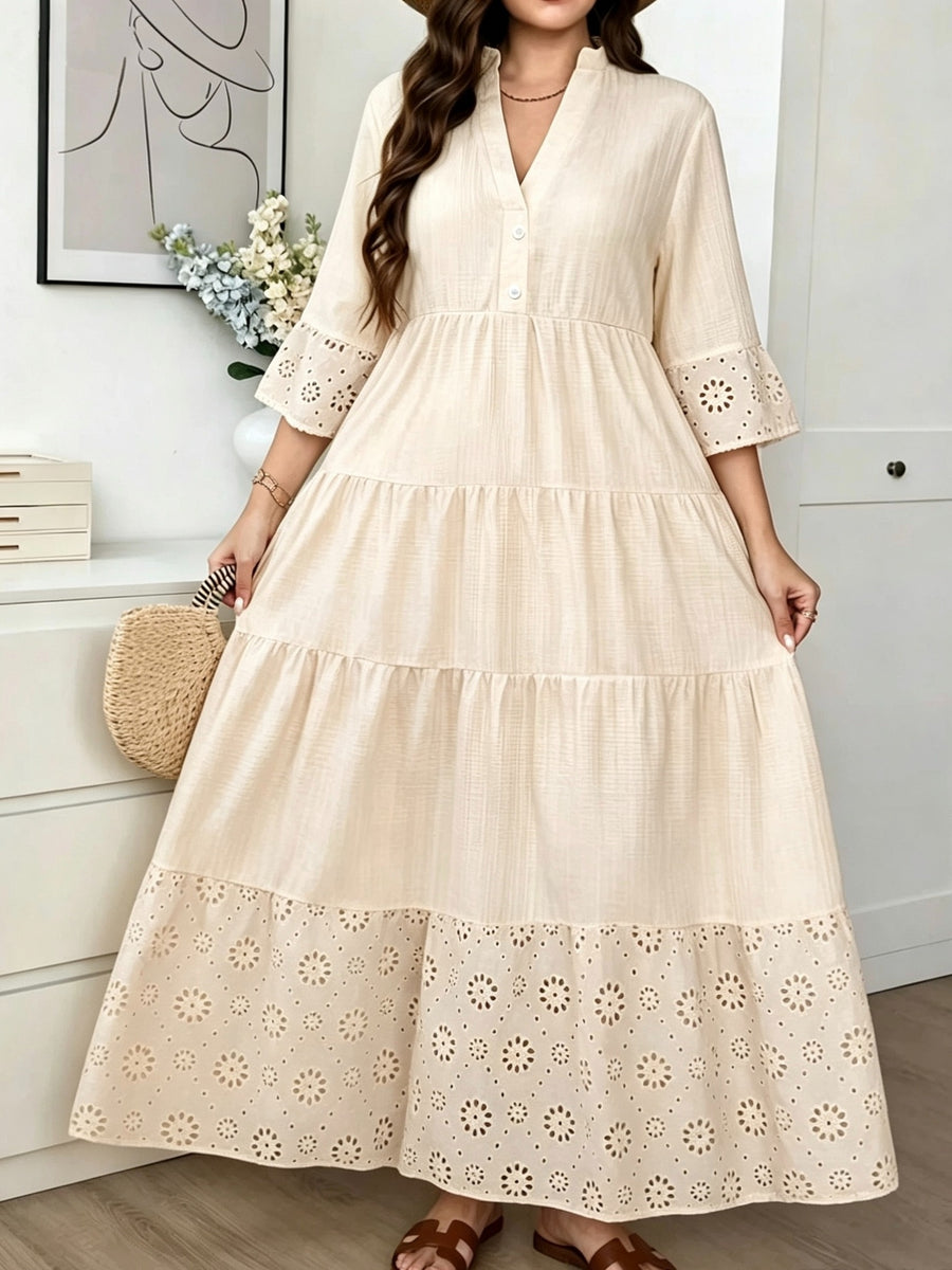 Plus Size - Yellow V-Neck Hollow-Out Embroidered Dress, Plus Size Women'S Stand-Up Collar Sleeve And Hem Hollow Design, Loose Vacation Style Long Dress - Apricot