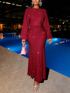 Spring Autumn Winter Christmas Party Vacation And Valentine'S Day Date Elegant Mermaid Hem Tight Sexy Long Sleeve Dress - Red
