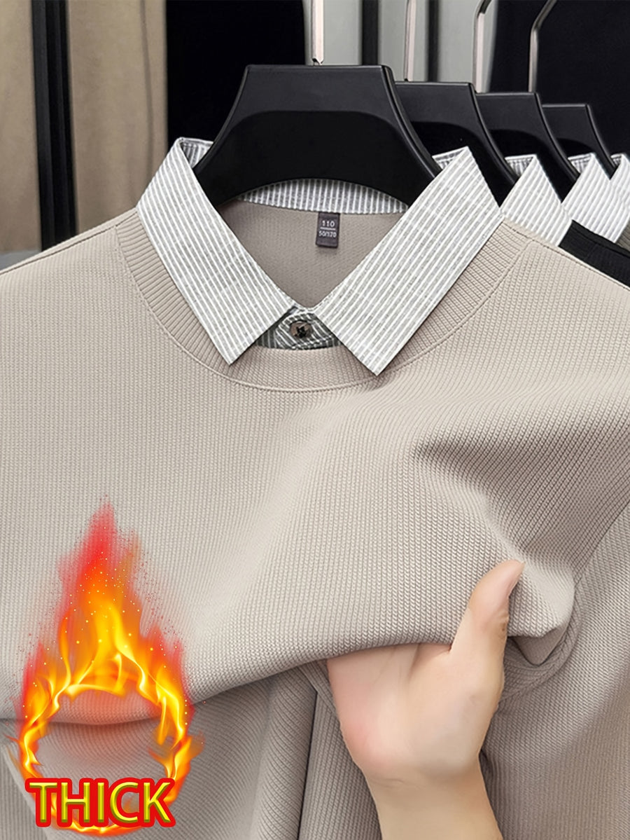 Men's -Lined Thickened 2-in-1 Look Long-Sleeve Sweatshirt, 2-in-1 Look Design, Knitted Body + Slim Striped Shirt Collar, Visually Like a Sweater with an Inner Shirt, Saves the Hassle of Matching - SINBOS - Off-white