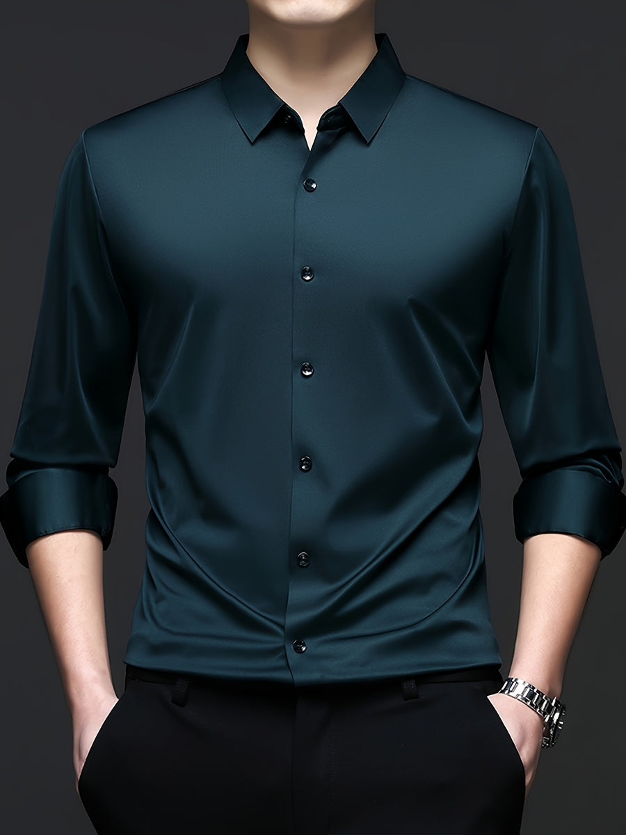 High-end Men's Casual Fashion Wrinkle-Resistant Thin Seamless Stretch Business Solid Color No-Iron Long Sleeve Shirt - Dark Green