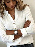 According ToFashionable V-neck Bamboo-joint Style Women's Long-sleeved Shirt - White