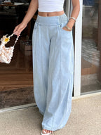 2026 New Women'S Straight-Leg Jeans, Acid-Wash Blue Wide-Leg Trousers, High-Waist Tummy-Control Mom Jeans, Elastic Shirred Casual Pants - Perfect for Travel, Work, And Vacation - Light Blue