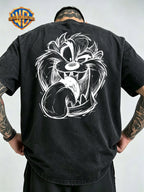 Le Yitong Big Mouth Monster Big Head Sketch Front And Back Print Washed T-Shirt, American Retro Washed Distressed Style Loose Short Sleeve, Unisex Machine Washable T-Shirt, Suitable for Daily Wear, Commuting, And Outdoor Outfits - Black