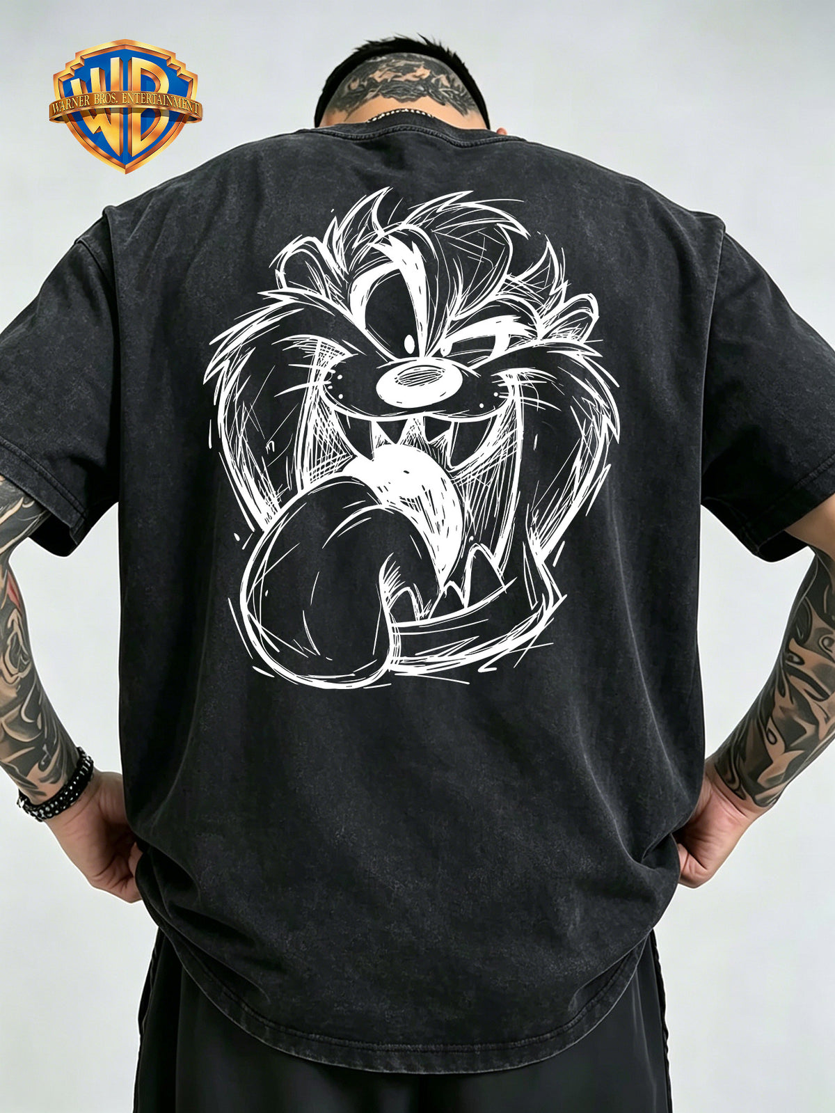 Le Yitong Big Mouth Monster Big Head Sketch Front And Back Print Washed T-Shirt, American Retro Washed Distressed Style Loose Short Sleeve, Unisex Machine Washable T-Shirt, Suitable for Daily Wear, Commuting, And Outdoor Outfits - Black