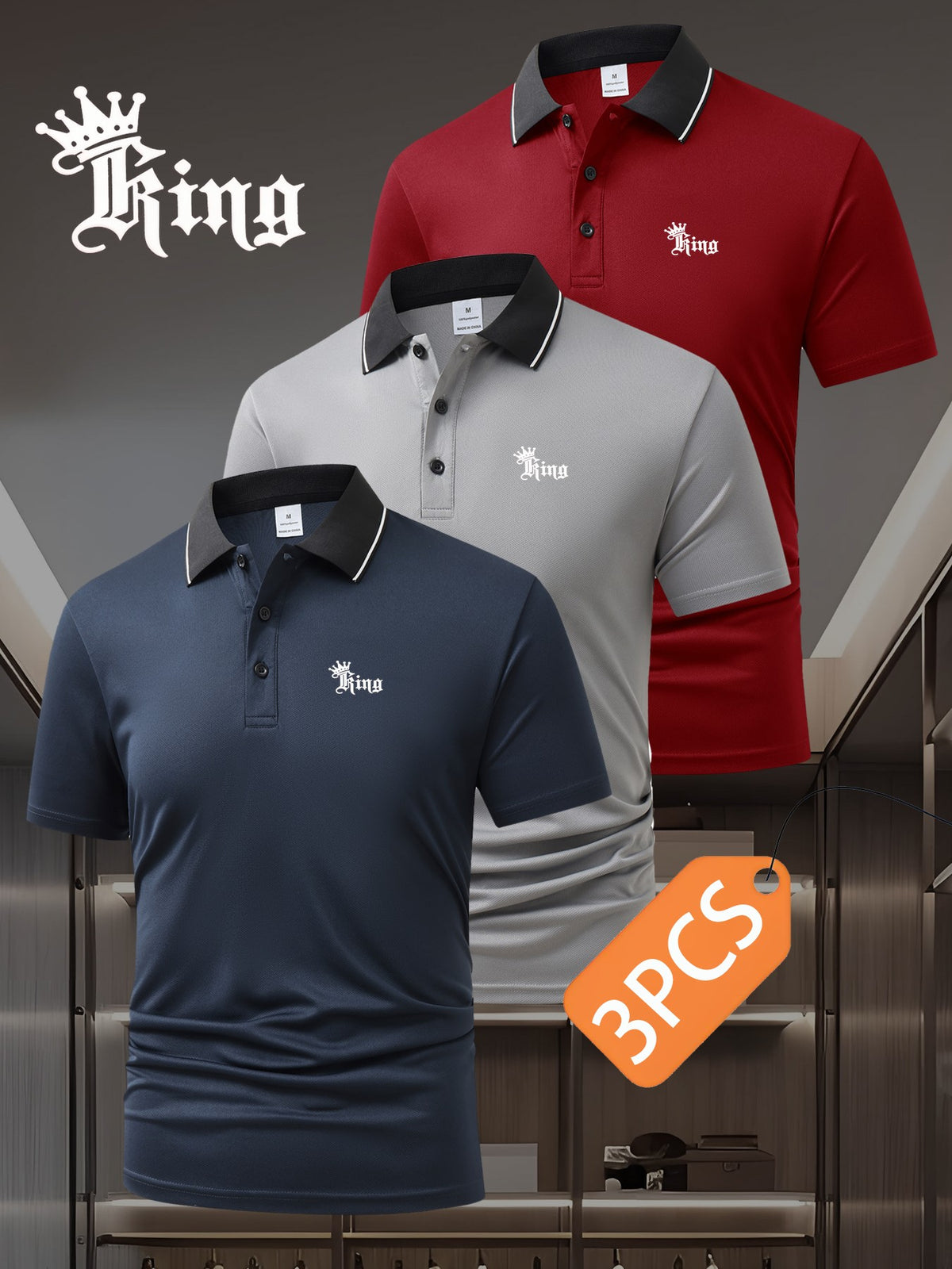 3pcs Set S20.32-2400.3 cmKING" Letter Logo New Men's Fashion Color-Block Quick-Dry Polo Shirt, Regular Fit Button Print, Golf Tennis Training Casual Sports Top - Dark Blue + Wine Red + Gray