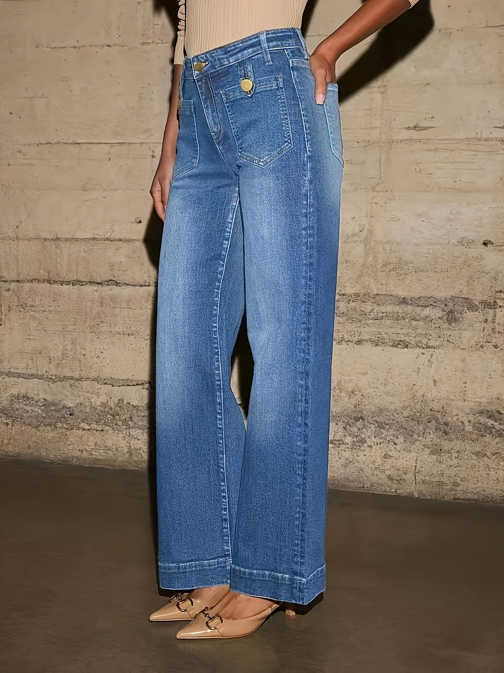 Women's Sky Blue Jeans with Concealed Front Pockets, Loose Straight-Leg Wide-Leg Cargo Pants - Medium Blue