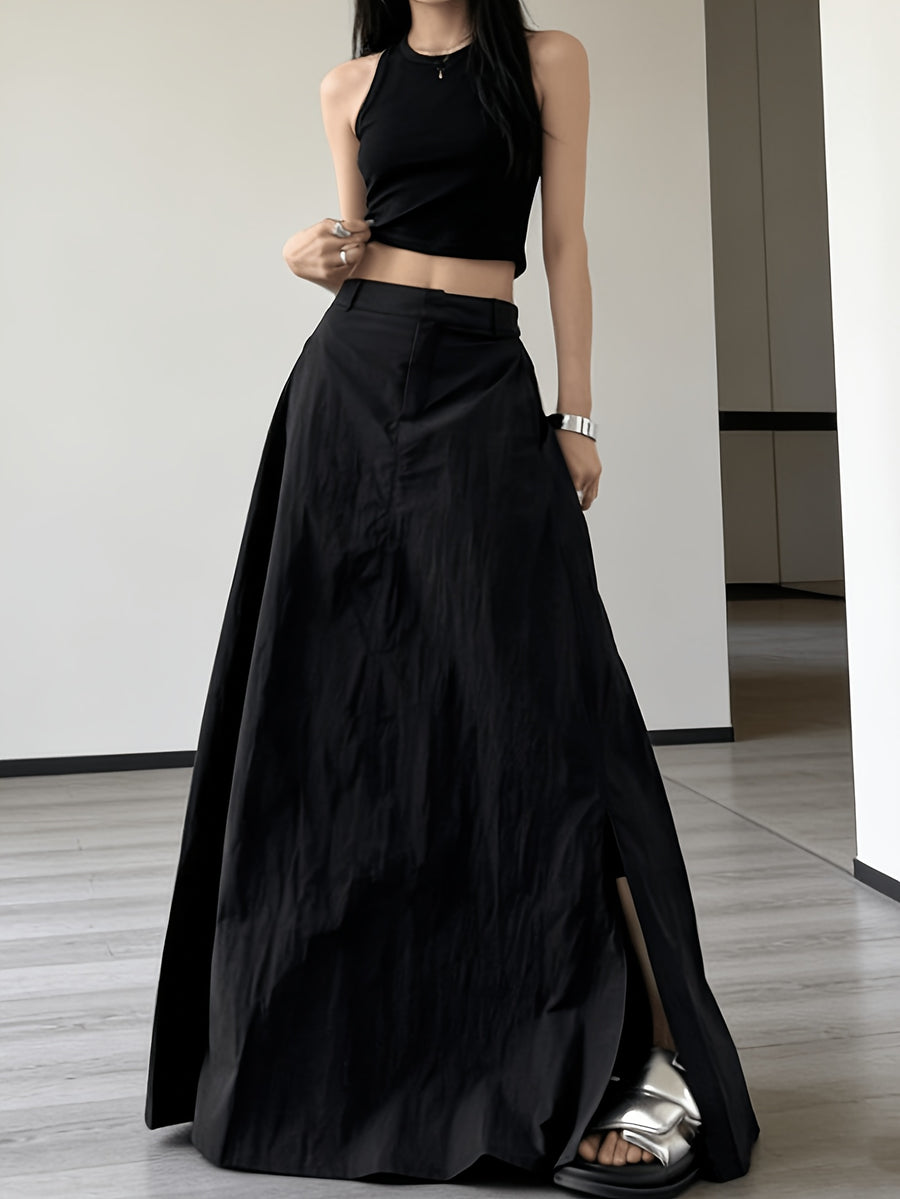 American Workwear Skirt Women'S 2025 New High-Waist Vintage Side Pleat Design A-Line Butt-Hugging Long Dress - Black
