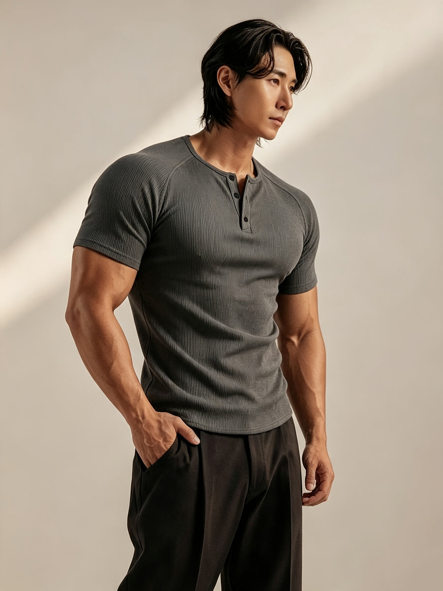 Men's Vertical Ribbed Pin Stripe Henley Neck Short Sleeve T-Shirt, Slim Fit Muscle-Defining Shaping Top, Stretchy Breathable Ribbed Raglan Sleeve Knitwear, Versatile Henley Shirt for Fitness, Commuting, and Daily Wear - Dark Gray