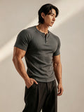 Men's Vertical Ribbed Pin Stripe Henley Neck Short Sleeve T-Shirt, Slim Fit Muscle-Defining Shaping Top, Stretchy Breathable Ribbed Raglan Sleeve Knitwear, Versatile Henley Shirt for Fitness, Commuting, and Daily Wear - Dark Gray