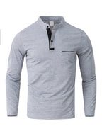 [JOSHIMAI OBM] 2pcs Men'S Long Sleeve Henley Shirts, Soft Comfortable Stretch Fabric, Lightweight Breathable Easy Care, Stand Collar 3-Button Placket Design, Contrast Color Placket And Pocket Details, Suitable for Office Commute, Business Casual - Light Grey+White