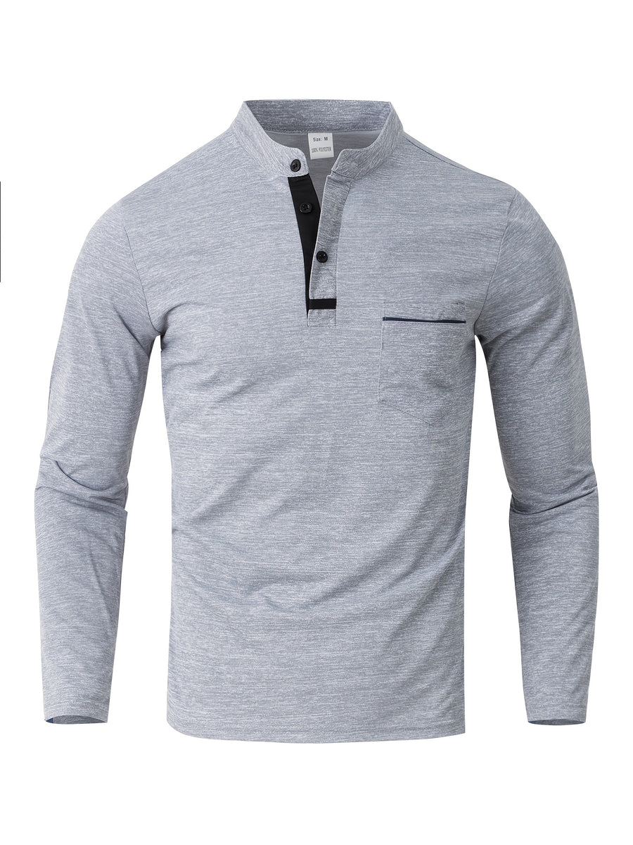 [Josh May OBM] 3pcs Men'S Long Sleeve Henley Shirts, Skin-Friendly Comfortable Fabric, Natural Elasticity Wearing Experience, Slim Casual Fit, Stand Collar Button-Up Design, Contrast Color Patchwork Detail, Chest Pocket Decoration - Black+white+light Gray