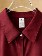 Gentle Girly Style Shirt with Pocket, Bow, Little Bear, and Rose Print, Long Sleeve Loose Fit Daily Commute Age-Reducing Cardigan Top - Burgundy