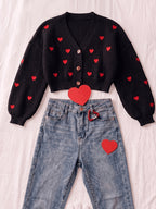Women's Cardigan with Embroidered Heart, Contrast Color Pattern, V-Neck, Cropped Style, Button-Up Outerwear; Red Cropped Cardigan with Heart Embroidery, Long Sleeves, V-Neck, Versatile Girly Style Jacket Top - Black