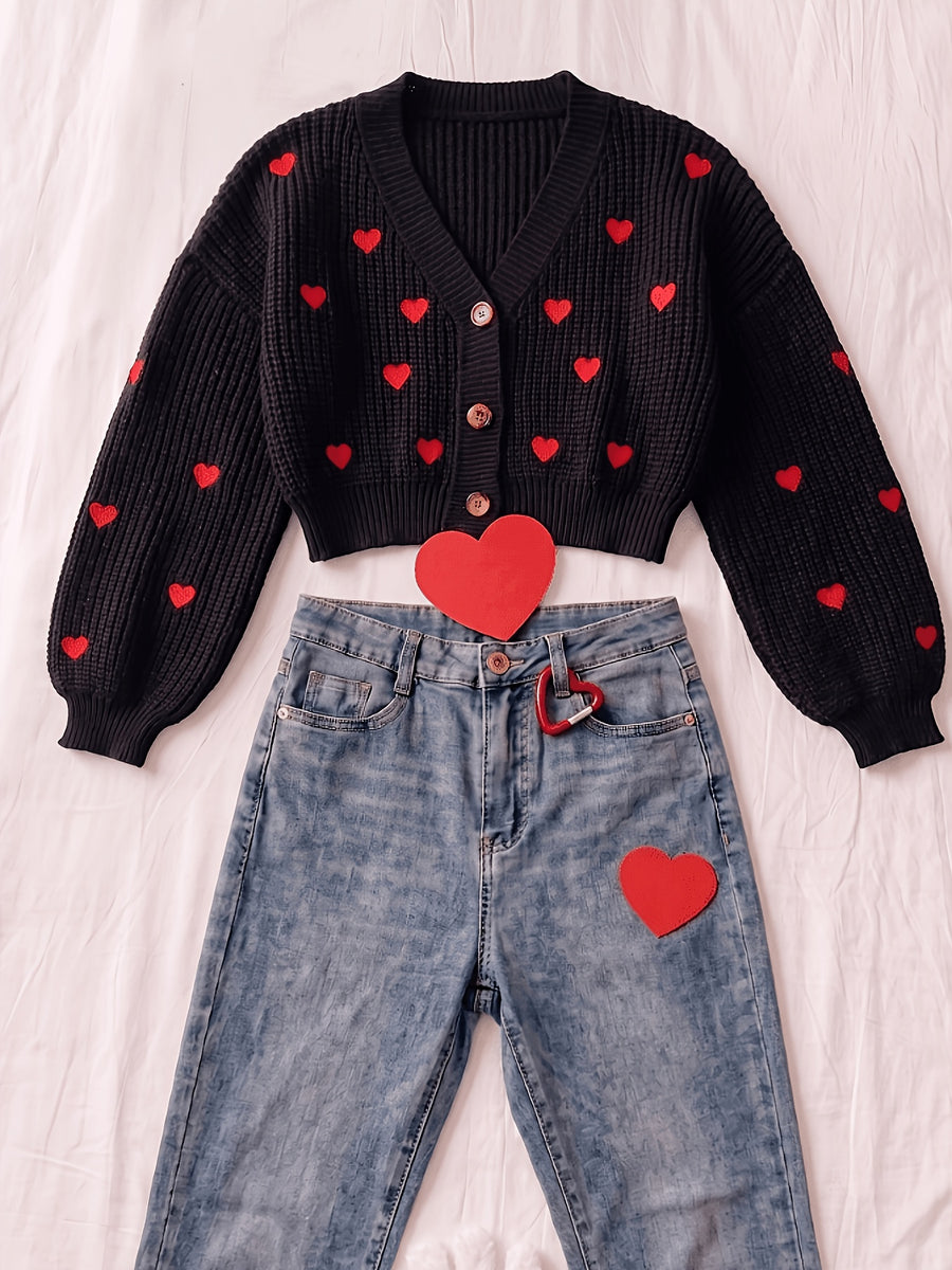 Women's Cardigan with Embroidered Heart, Contrast Color Pattern, V-Neck, Cropped Style, Button-Up Outerwear; Red Cropped Cardigan with Heart Embroidery, Long Sleeves, V-Neck, Versatile Girly Style Jacket Top - Black
