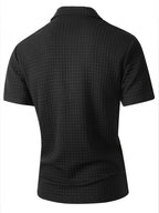 Men'S Waffle Polo Shirt, Zipper Collar Design Short Sleeve T-Shirt, Summer Casual Daily Commute Versatile Top - Black