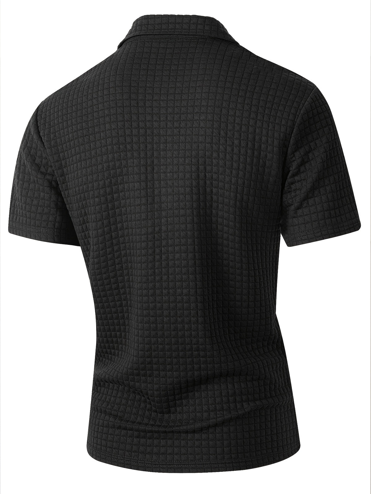 Men'S Waffle Polo Shirt, Zipper Collar Design Short Sleeve T-Shirt, Summer Casual Daily Commute Versatile Top - Black