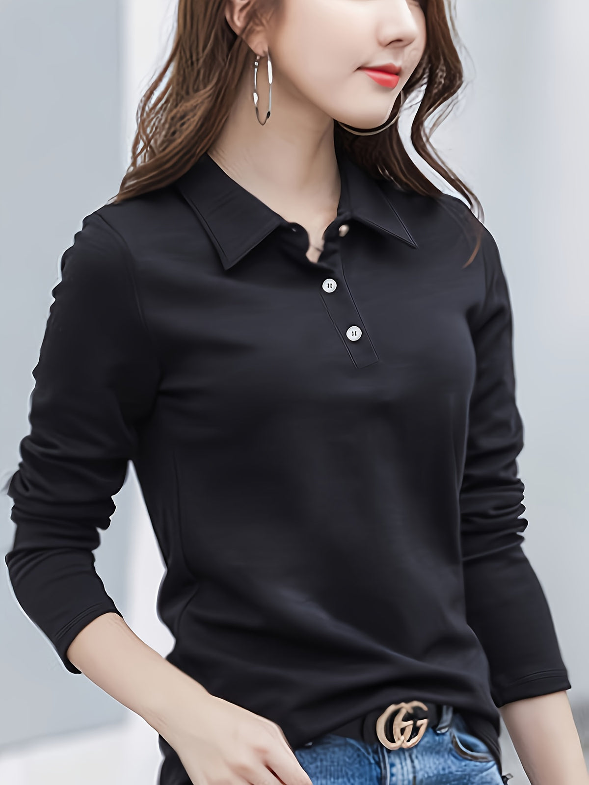 Women'S Easy Outfit Collared Top Polo Shirt - Black