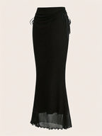 Women's Drawstring Mesh Midi Skirt - Black