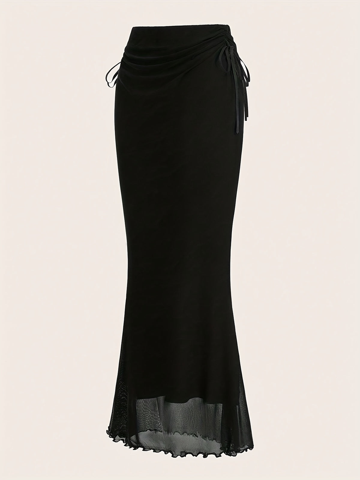 Women's Drawstring Mesh Midi Skirt - Black