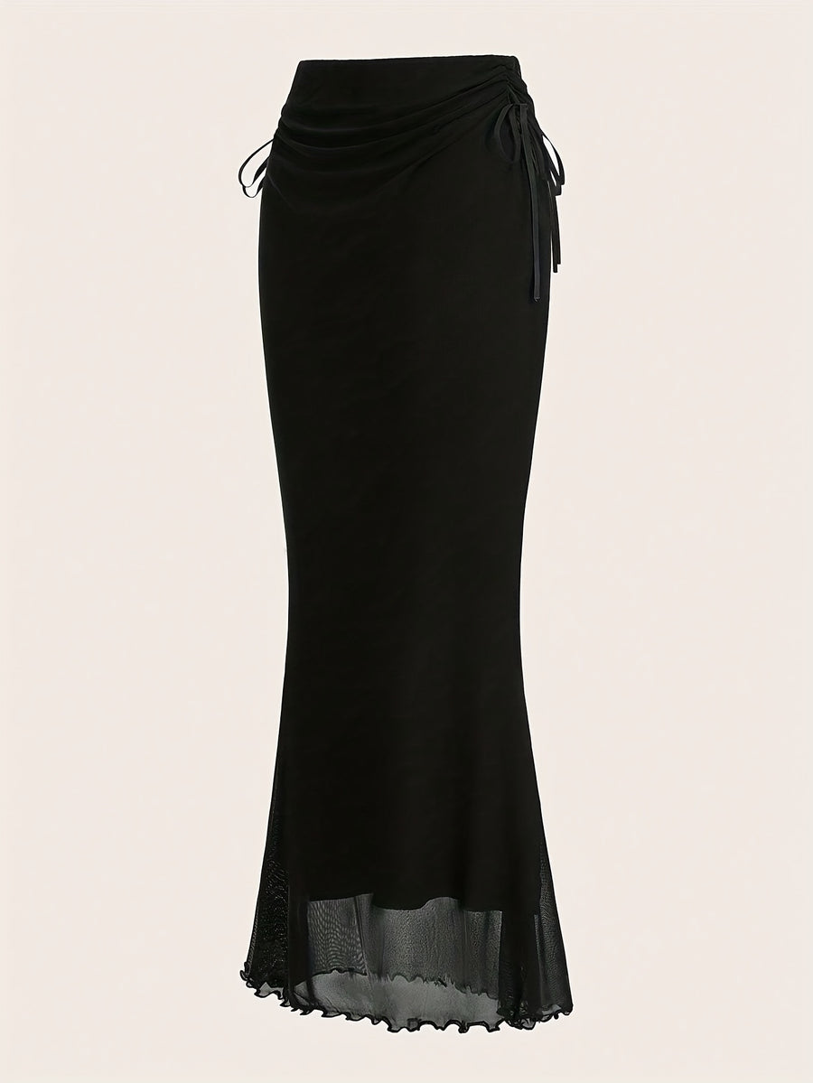 Women's Drawstring Mesh Midi Skirt - Black