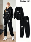 Floral Print Drawstring Hoodie And Sweatpants Set - Women'S Casual Long Sleeve Pullover Tops with Elastic Waist Joggers, Comfortable Activewear Loungewear Outfit - Perfect for Daily Wear, Sports, Travel, Jogging, Yoga, And Gift for Birthday And Holi - Black
