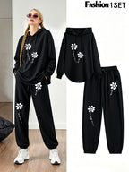 Floral Print Drawstring Hoodie And Sweatpants Set - Women'S Casual Long Sleeve Pullover Tops with Elastic Waist Joggers, Comfortable Activewear Loungewear Outfit - Perfect for Daily Wear, Sports, Travel, Jogging, Yoga, And Gift for Birthday And Holi - Black