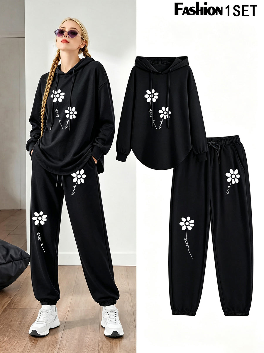 Floral Print Drawstring Hoodie And Sweatpants Set - Women'S Casual Long Sleeve Pullover Tops with Elastic Waist Joggers, Comfortable Activewear Loungewear Outfit - Perfect for Daily Wear, Sports, Travel, Jogging, Yoga, And Gift for Birthday And Holi - Black