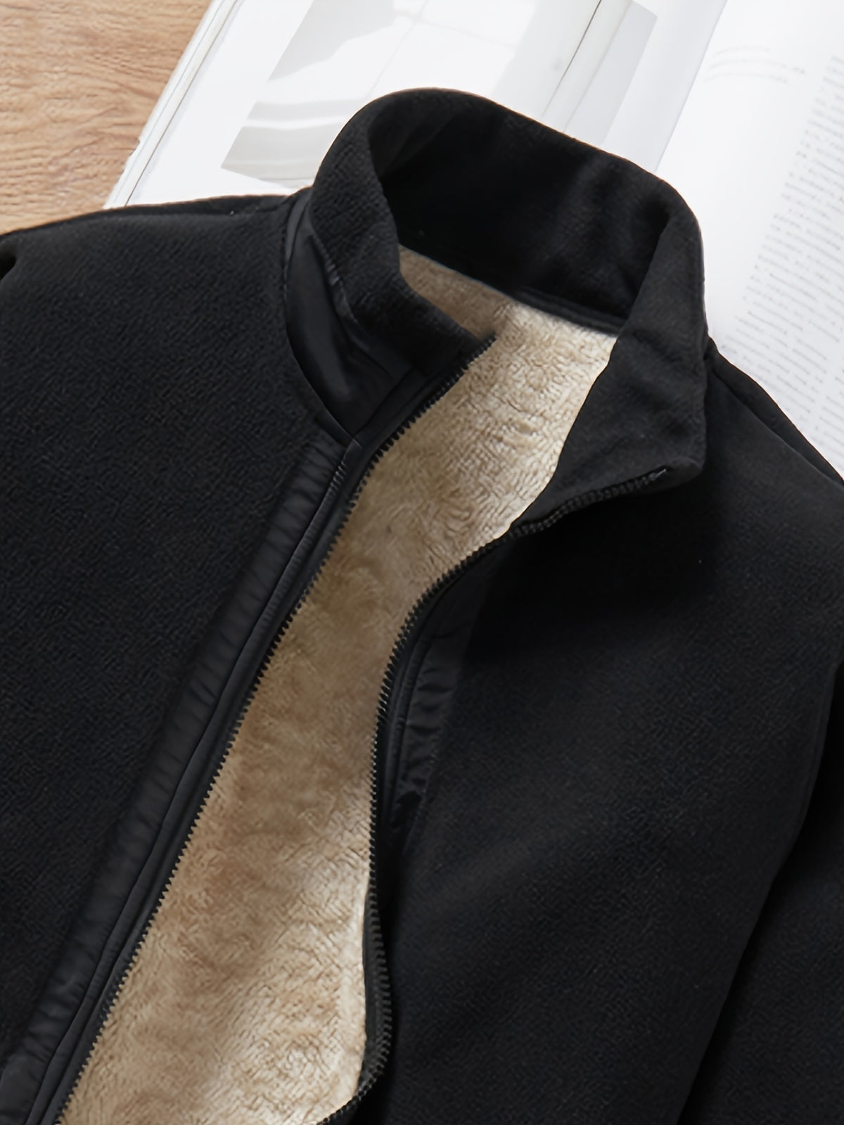 [Pearson OBM] Autumn Winter Men'S Fleece Thick Solid Color Stand Collar Cardigan Jacket Outdoor Casual Versatile Fashion Jacket Top - Black